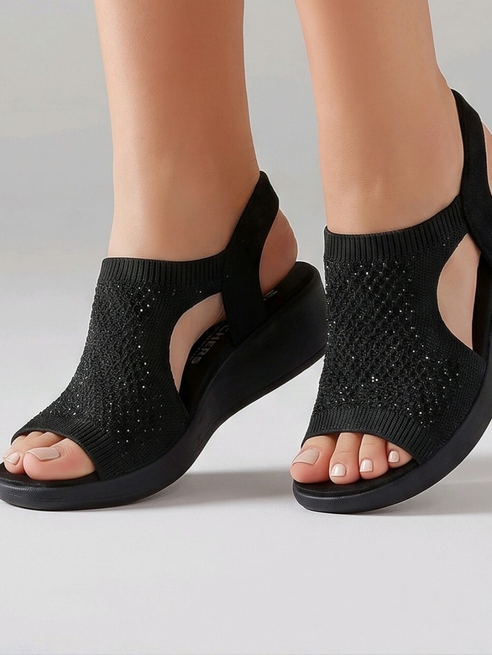 Skechers Martha Pier-lite Knit Sparkle Black Slip-On Sandals 11